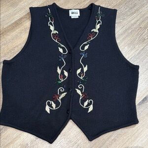 Leslie Fay Size XL  Black Vest with Embroidered Floral Design